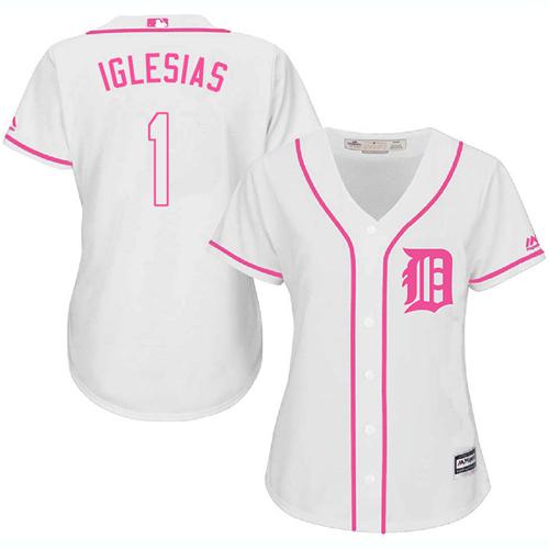 Tigers #1 Jose Iglesias White/Pink Fashion Women's Stitched MLB Jersey - Click Image to Close